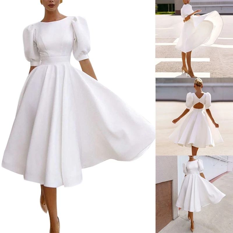

Simple And Clean Satin Short Wedding Dress Puff Sleeve Knee Length Bride Dresses Sexy Open Back Wedding Party Gowns