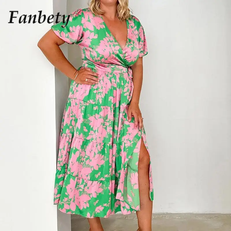 

Fashion Pattern Print Party Dress Women 2023 Elegant V Neck Long Dress Ladies Casual Short Sleeve High Slit Beach Dress Vestido