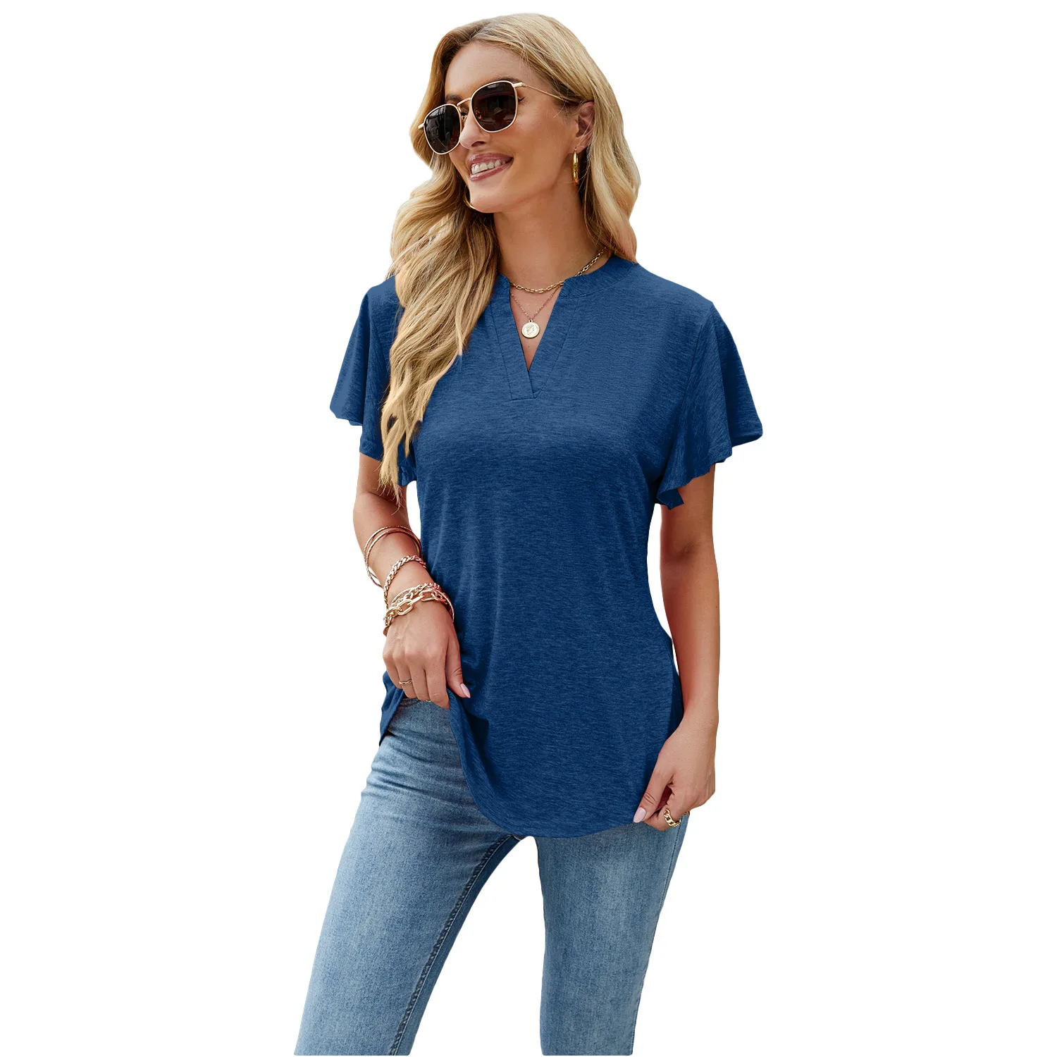 

2022 Europe and The United States Women's Summer New V-neck Flying Sleeves Slim Dovetail T-shirt Jacket In Solid Color