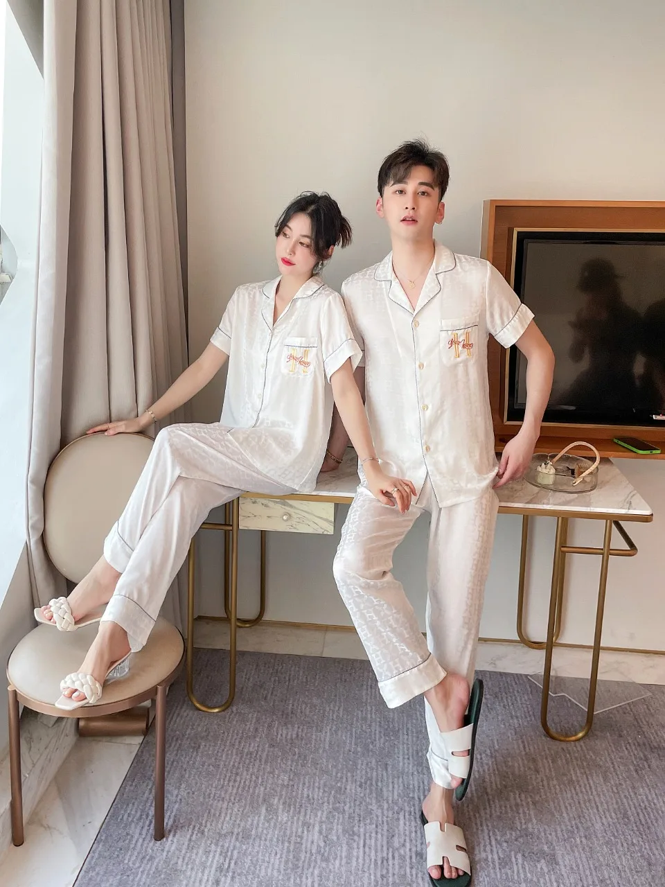 [Women's pajamas] [high-quality]New Ice Silk Couple Pajamas Men's Spring/Summer Thin Pajamas Women's Sweet Home Suit Set
