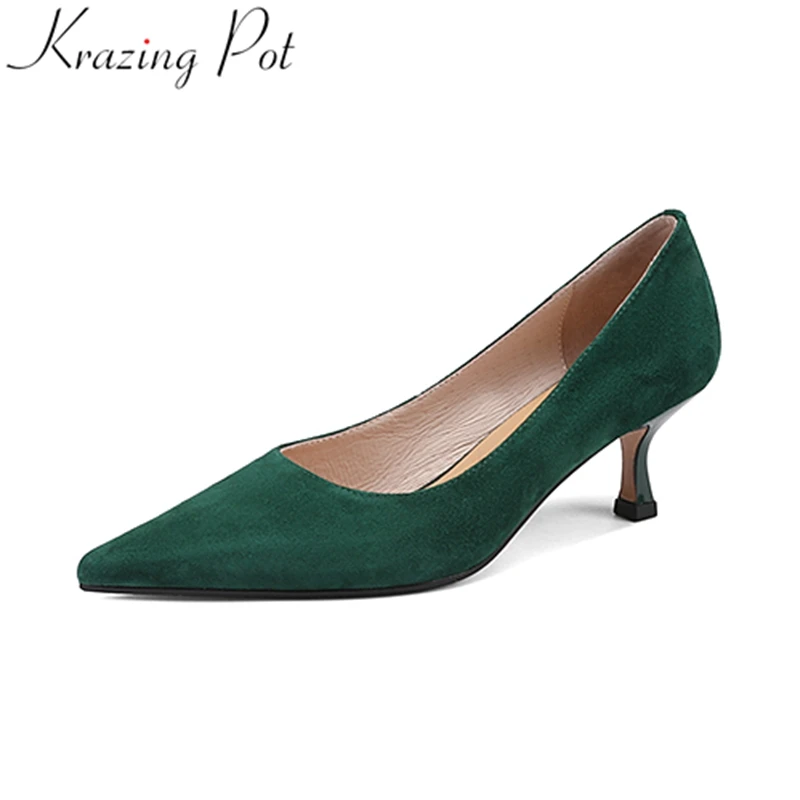 

Krazing Pot 2022 big size sheep suede shallow high heels summer spring shoes solid party concise elegant office lady women pumps