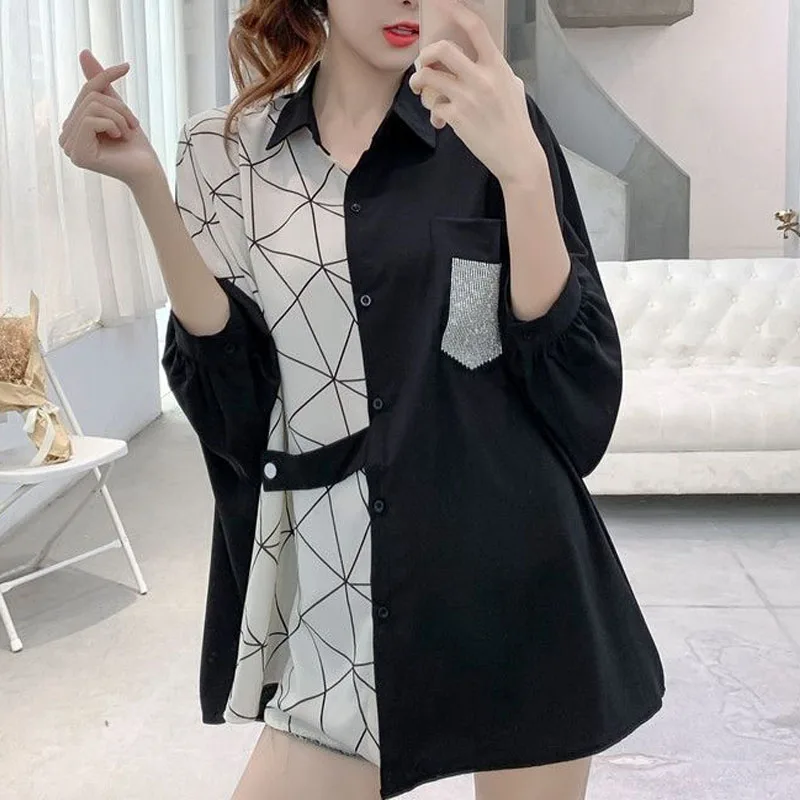 Black Colour Patchwork Geometric Pattern Korean Sense of Design Loose Turn Down Collar Chiffon Medium Length Women Shirt Pockets