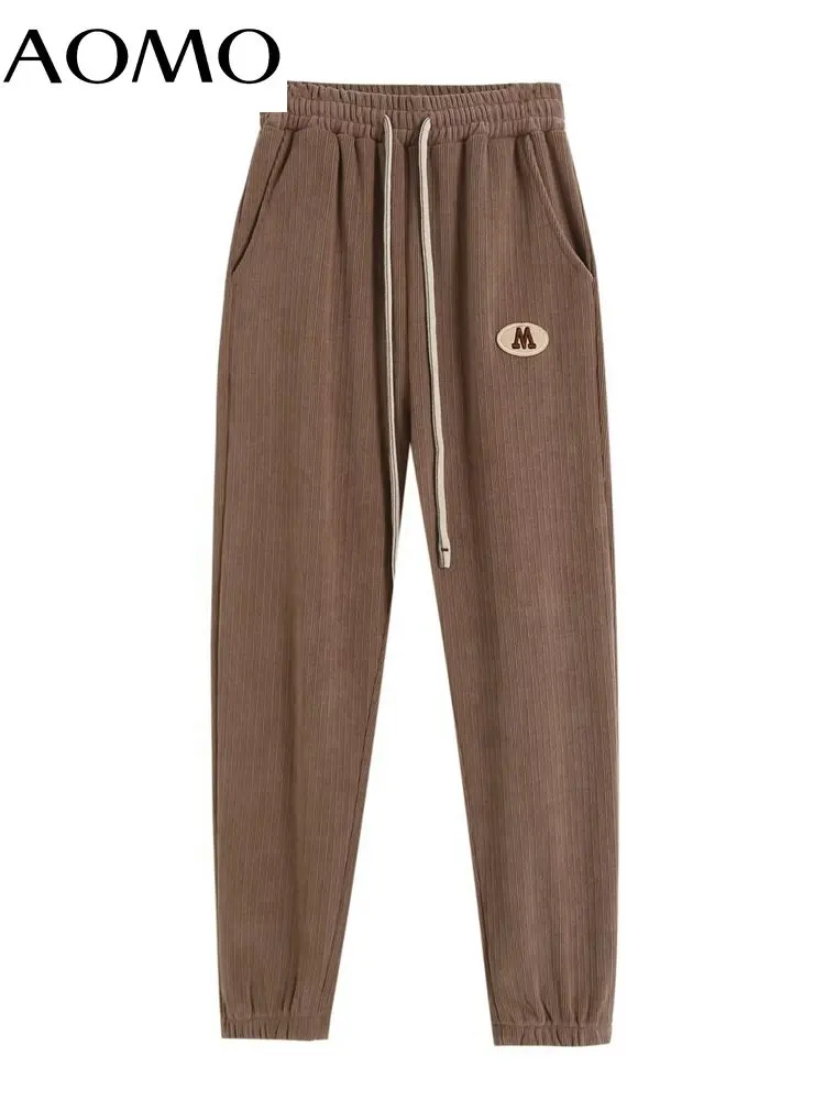 

AOMO 2022 Women Thick Knit Pants Cargo Strethy Waist Pants Trousers Female HE06A
