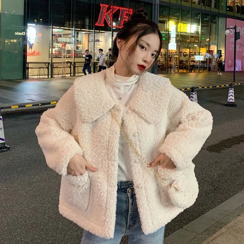 Kawaii Sweet Doll Collar Beaded Lamb Wool Sweater Padded Jacket Women Korean Loose Autumn Winter Single-Breasted h Mid Coat