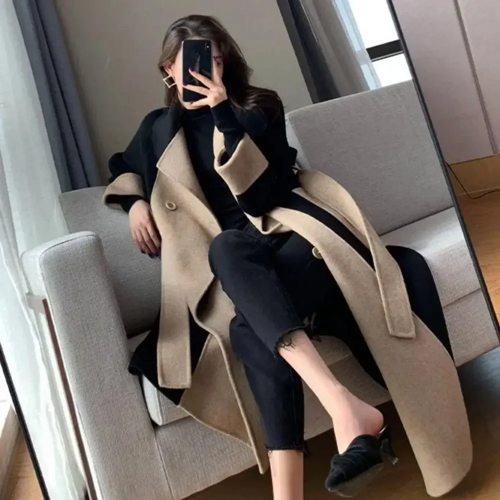 

Stylish Winter Coat Turn-down Collar Thermal Elegant Lapel Contrast Color Winter Overcoat