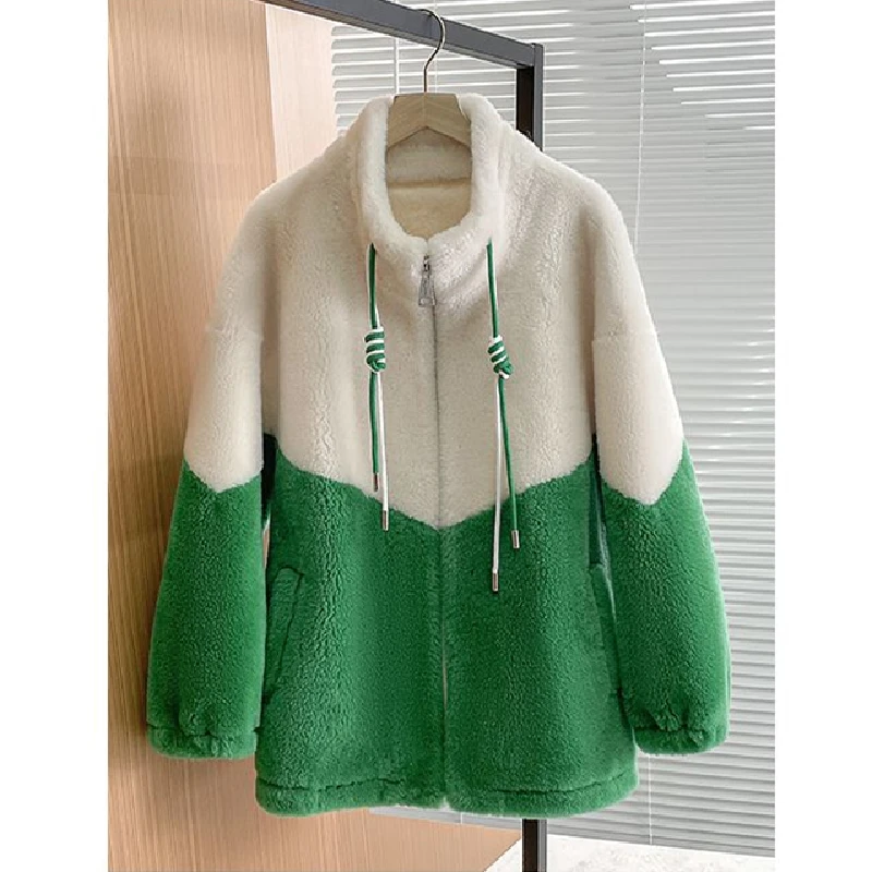 Faux Fur Coat Green White Spliced Lamb Fur Winter Jacket Women 2022 New Fashion Double Faced Fur Loose Tops Famale Clothing
