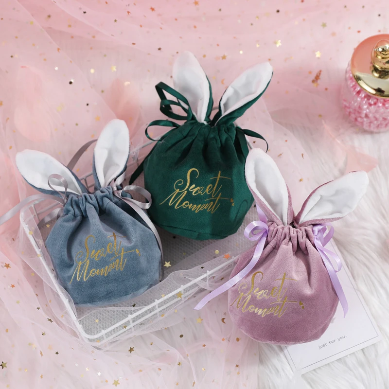 

1Pcs Bunny Chocolate Candy Bags Sweet Easter Valentines Day Gift Packing Bag Drawstring Kawaii Long Ear Velvet Jewelry Organizer