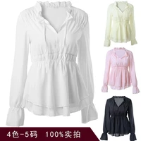 women top spring autumn v neck stitching puff sleeves solid color long sleeved chiffon shirt fashion tops