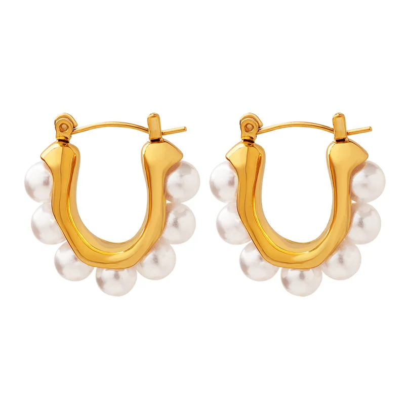 

Fashion Imitation Pearl PVD 18k Gold Plated Titanium Steel Post U Hoop Earrings for Women Waterproof Jewelry Bijoux Femme Party
