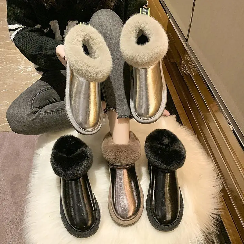 

Snow Boots Women's Fur 2022 Winter Plus Fleece Thickened Leather Waterproof Bread Cotton Shoes Hairy Ankle Women Boots