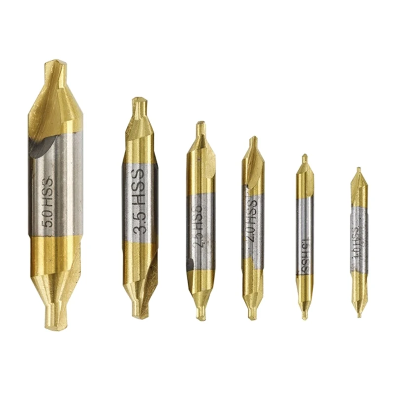 6pcs 1.0-5.0mm HSS TiN Coated Center Drill Bit Set Metalworking Hole Drill Hole Cutter 60 Degrees Combined Drill Bit Set