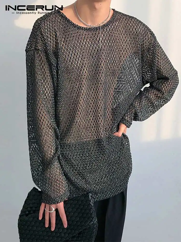 

INCERUN Men T Shirt O-neck Mesh See Through Long Sleeve Sexy Streetwear Casual Camisetas 2022 Party Nightclub Tee Tops Men S-5XL