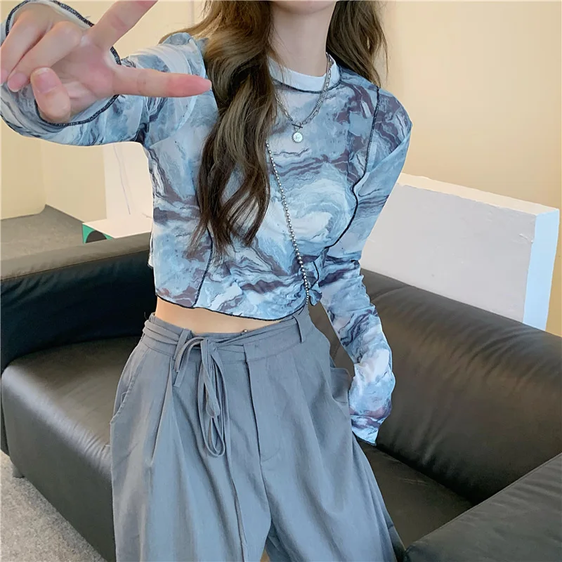 

Long Sleeve T-shirts Women Tie-dye Printed Summer Sun-proof Cropped Tops Fashion High Street Gauze Korean Style Chic Teens Retro