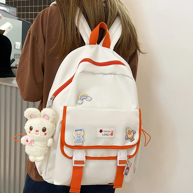 

Kawaii Waterproof Nylon Women Backpack Fashion Badge Travel Bag for Teenage Girl Cute Schoolbag Female Student Bookbag Preppy