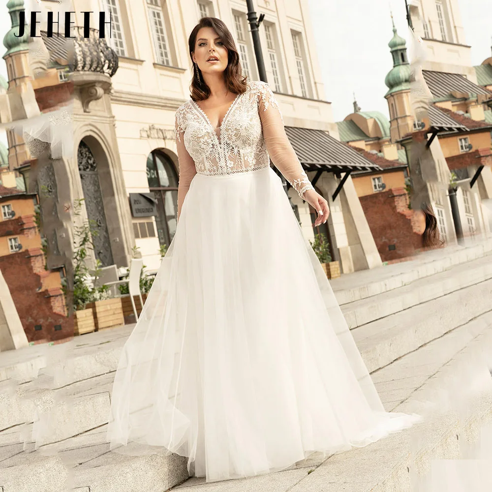 

JEHETH Boho Wedding Dresses For Woman Plus Size Long Sleeves Double V-Neck Bride Gowns Tulle A-Line Applique vestidos de novia