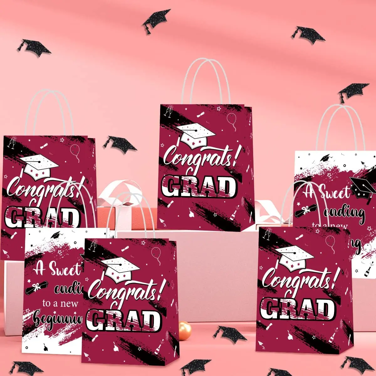 

16Pcs Red Congrats Grad Party Candy Treat Bags with Holder A Sweet Ending To New Beginning Bags for Graduation Party Supplies