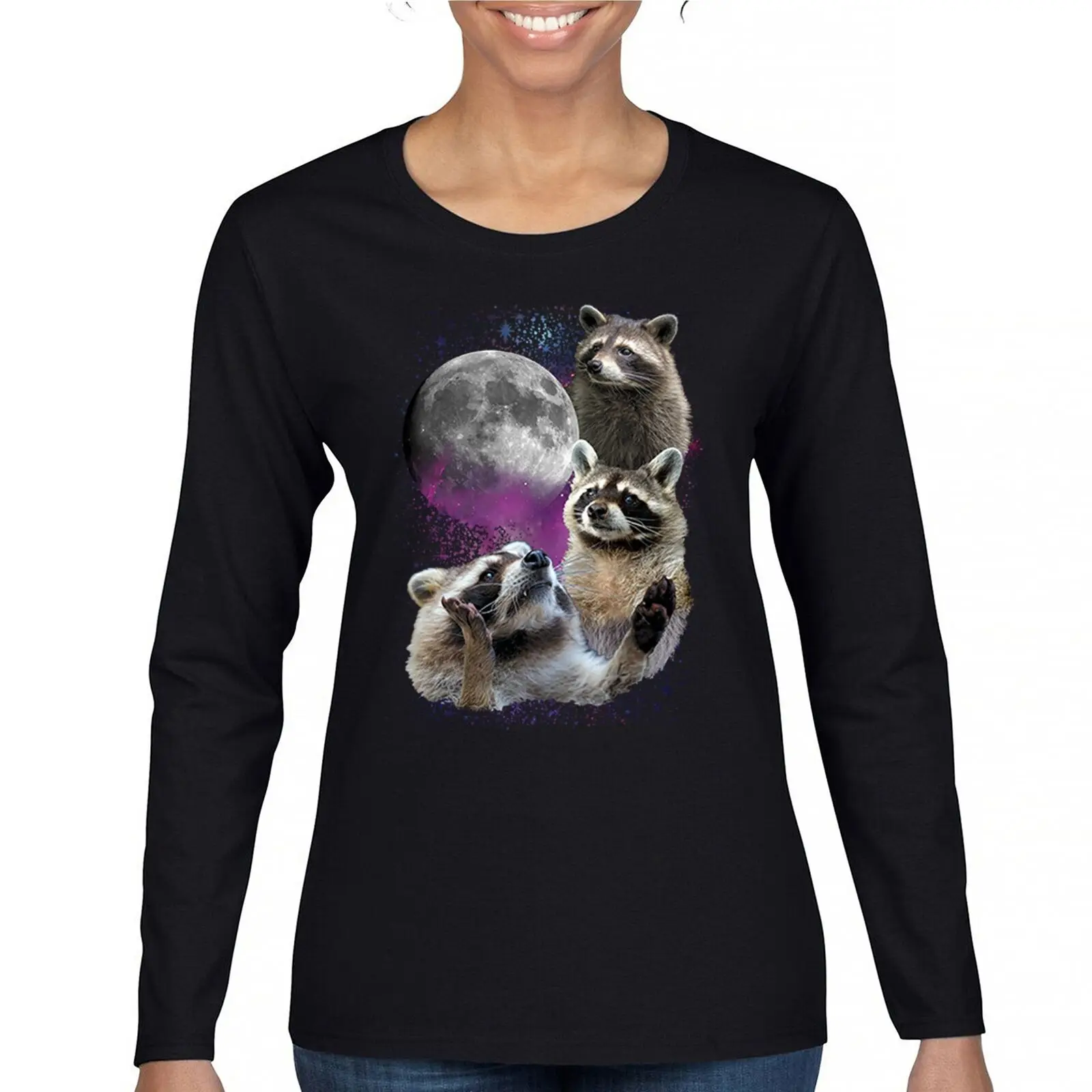 Женская футболка с длинным рукавом Racoons Howling at the Moon забавными животными в космосе