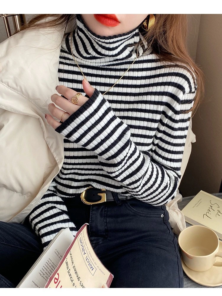 

SVOKOR Женский пуловер в полоску с высоким воротником базовое пальто с плюшевой подкладкой свитер под Повседневный свитер вязаный Топ для жен...