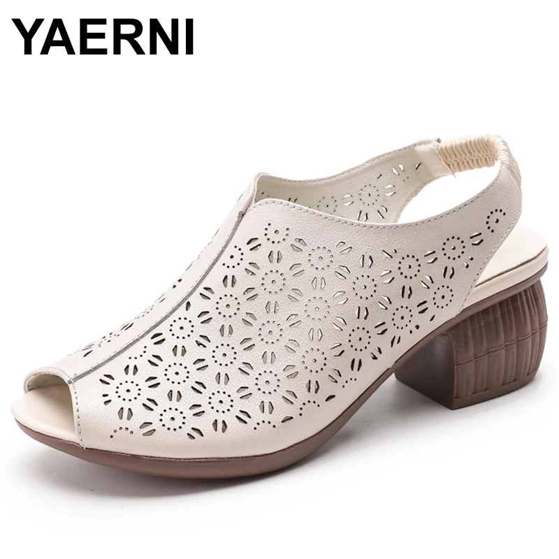 

Summer New Genuine Leather Slippers Women's Retro Ethnic Style Thick Wedges Shoe Fish Mouth Mom Slippers Women Hollow Sandals
