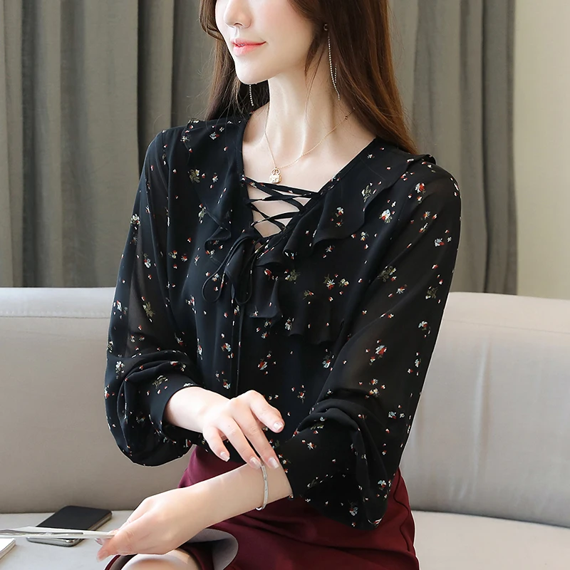 

Шифоновая женская блузка, Повседневная пикантная рубашка с принтом и V-образным вырезом, весна-осень, Топ с длинным рукавом, модная одежда, ж...