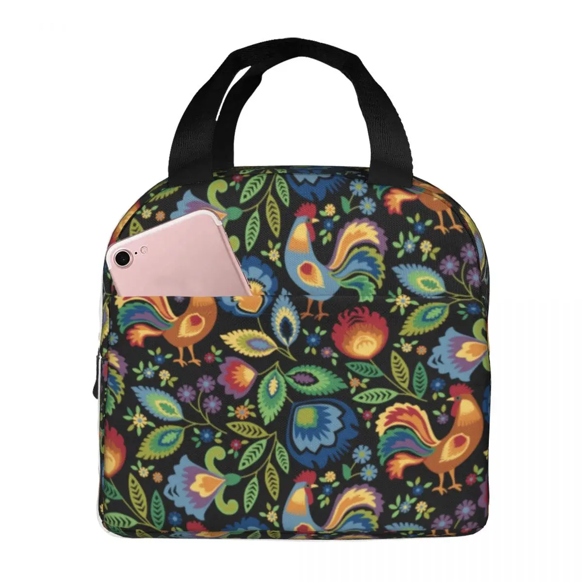 

Pretty Chicken Lunch Bag with Handle Folk Roosters Leaf Print Meal Cooler Bag Portable Carry Car Thermal Bag