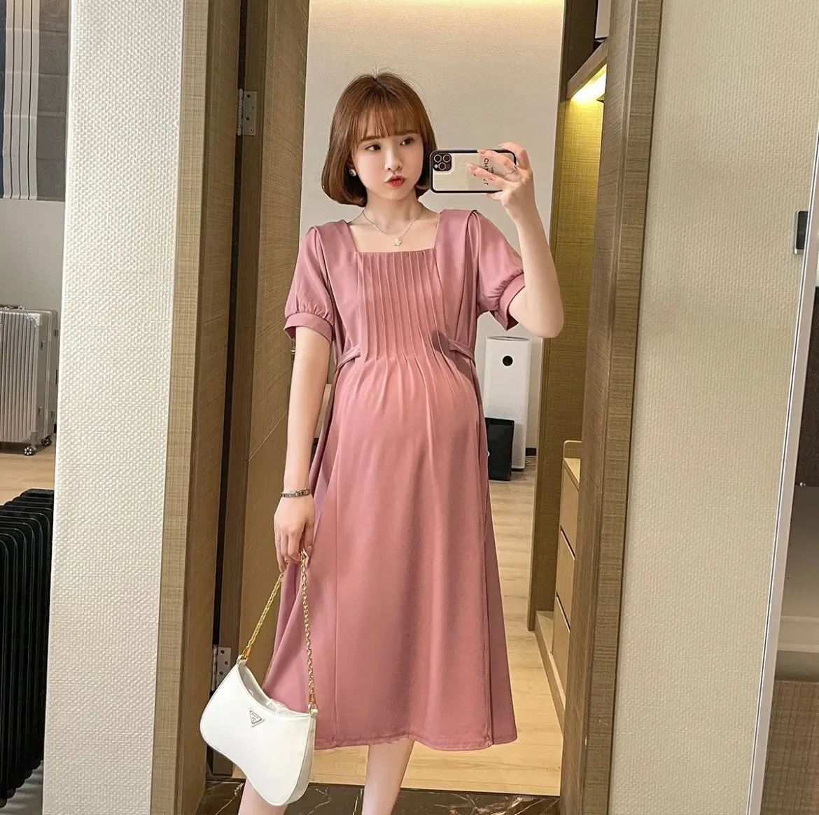 

2022 2630# Summer French Style Pleated Slim Waist A Line Maternity Dress Elegant Clothes for Pregnant Women Ties Waist Pregnancy