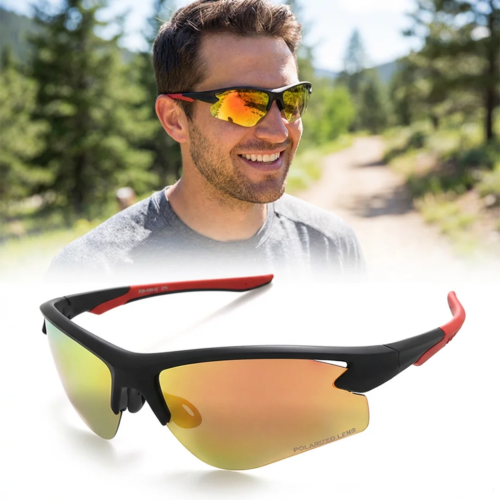 Фото Мужские поляризованные солнцезащитные очки для рыбалки HD Lake Vision Sport UV400 с полуоправой, зеркальные, для активного отдыха №2