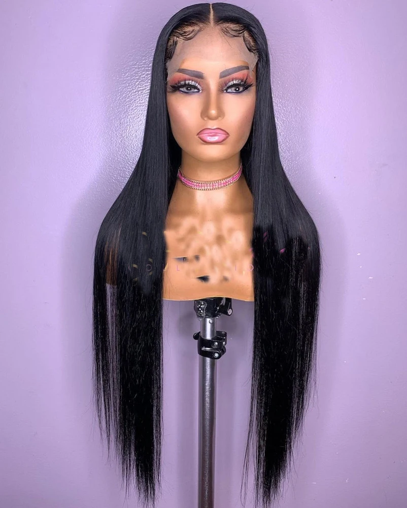 180%Density 26Inch Long Straight Brazilian Natural Black Glueless Lace Front Wig For Black Women With Baby Hair Heat Temperature