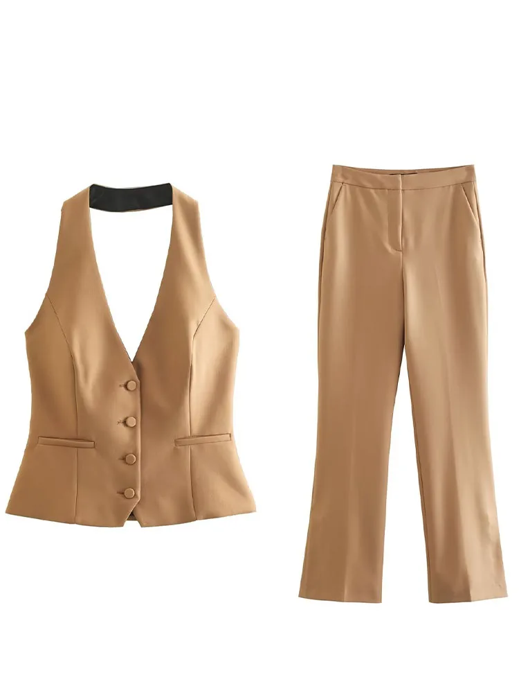 

Women 2022 New Fashion halterneck collar Vest Vintage sleeveless pocket Button-up Female Waistcoat Chic Tops