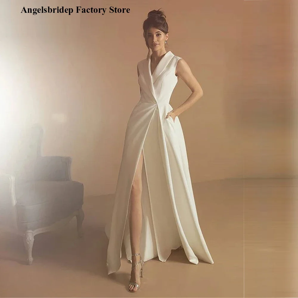 

Angelsbridep 2 STORE Pockets Satin White Ivory A Line Formal Evening Dress Gown Long Party Special Occasion Garment