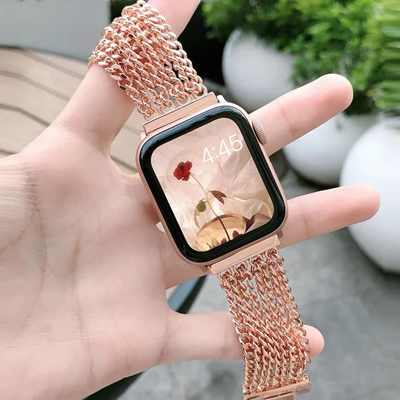 Diamond Case+Tassel strap for Apple watch 8 band 41mm 40mm 38mm 45mm 44mm 42mm Metal Watchband iWatch Series 6 5 4 3 Se 7 strap