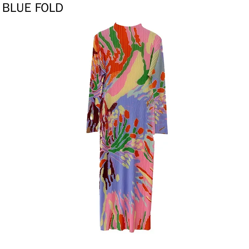 MIYAKE-Плиссированное женское платье с принтом прямое длинное воротником до