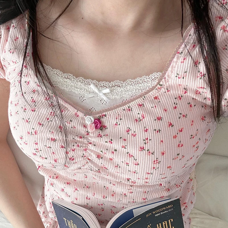 Iamhotty Y2k Женский Контрастный Кружевной Лоскутный Топ С Цветочным Принтом