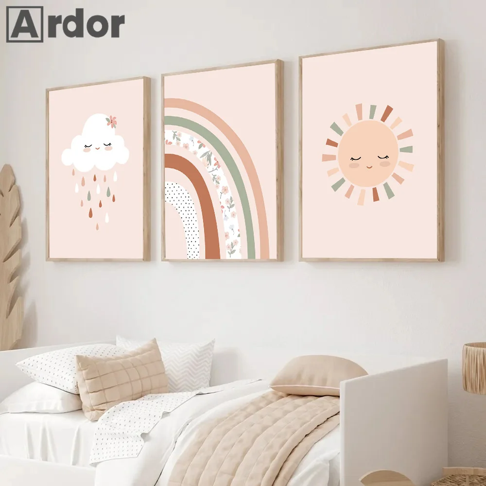 Мультфильм Радужные цветы Солнце Облако Любовь Сердце Настенная живопись Холст