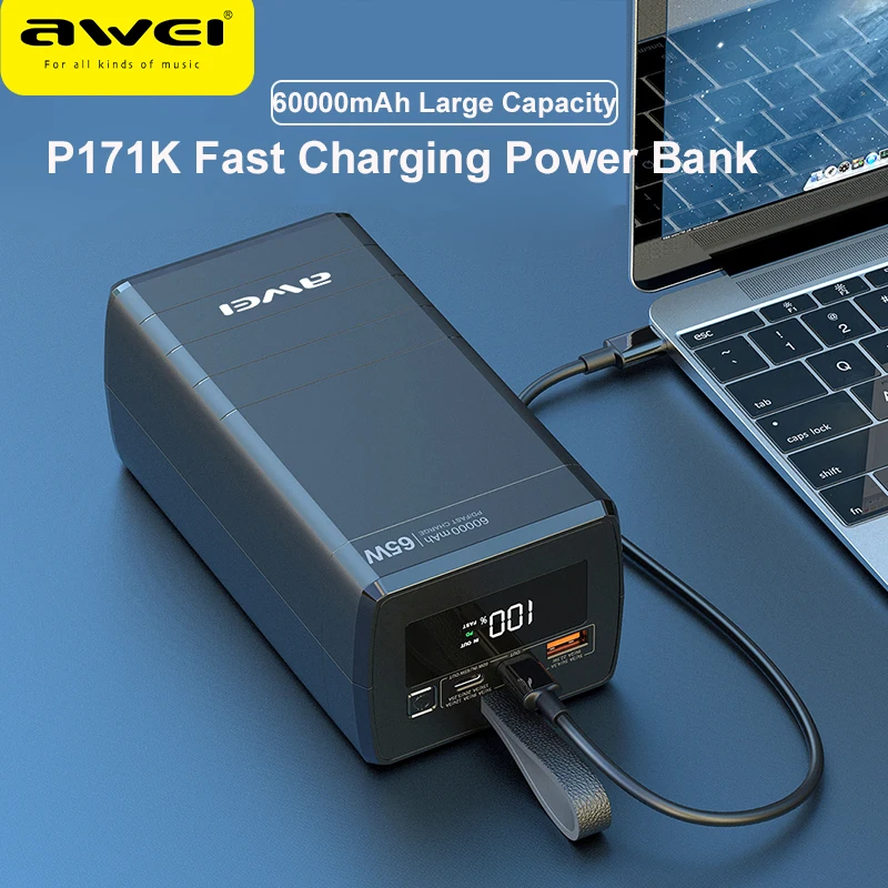 

Awei P171K 60000mAh Power Bank Portable Charger Type C Fast Charging Powerbank Spare Battery Charger for Huawei P40 iphone
