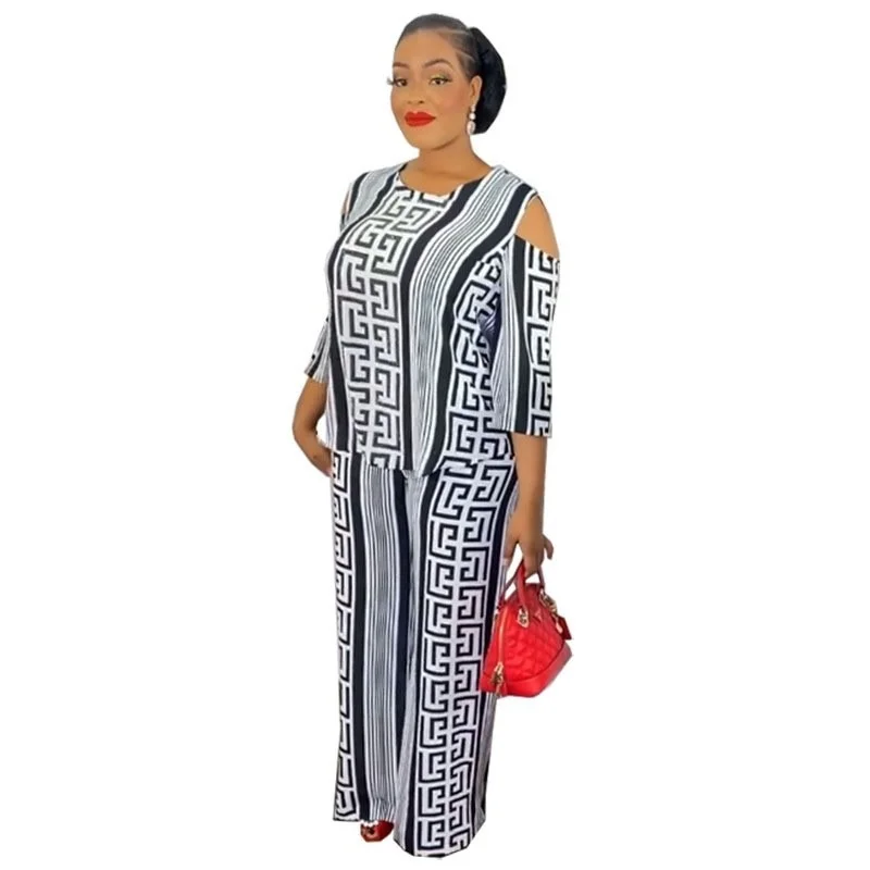 

Two Piece Set African Clothes Party Women's Set Print Tops And Pants Matching Outfits Loose Straight Leg Pants Summer Autumn New