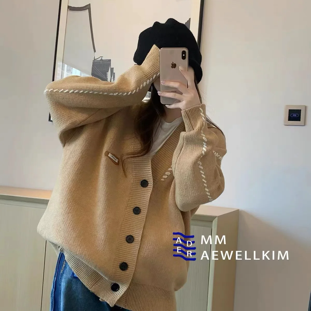 

Ader error Autumn and winter new men's and women's sewing line small standard loose knit cardigan couple sweater coat