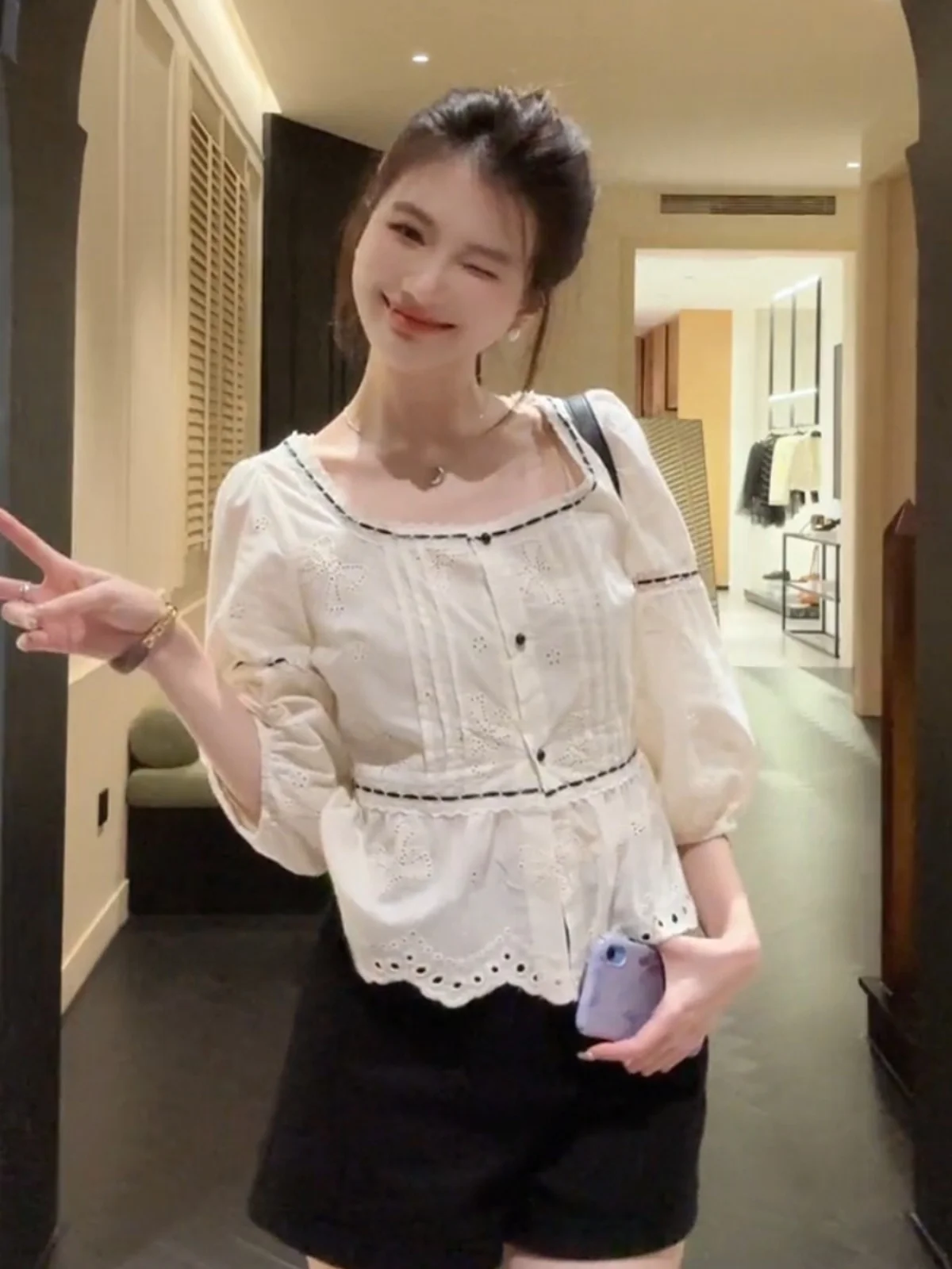 Женские рубашки с квадратным воротником во французском стиле новинка 2024 осень