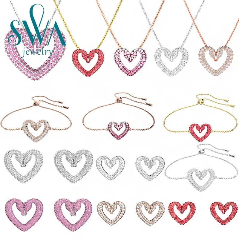 

Новинка 2022, набор ювелирных украшений SWA в форме сердца, ожерелье, браслет, серьги, Женская легкая Роскошная бижутерия, подарок, оптовая прод...