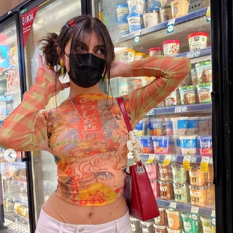 

Футболки для девочек в стиле 90-х, милая укороченная футболка из прозрачной сетки с длинным рукавом, эстетичные повседневные винтажные футбо...