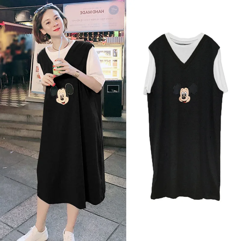 

Pajamas Nightdress Women Cartoon Mickey Print Loose And Thin Fashion Fake Two-piece Home Wear Summer Short Sleeve Nightdress