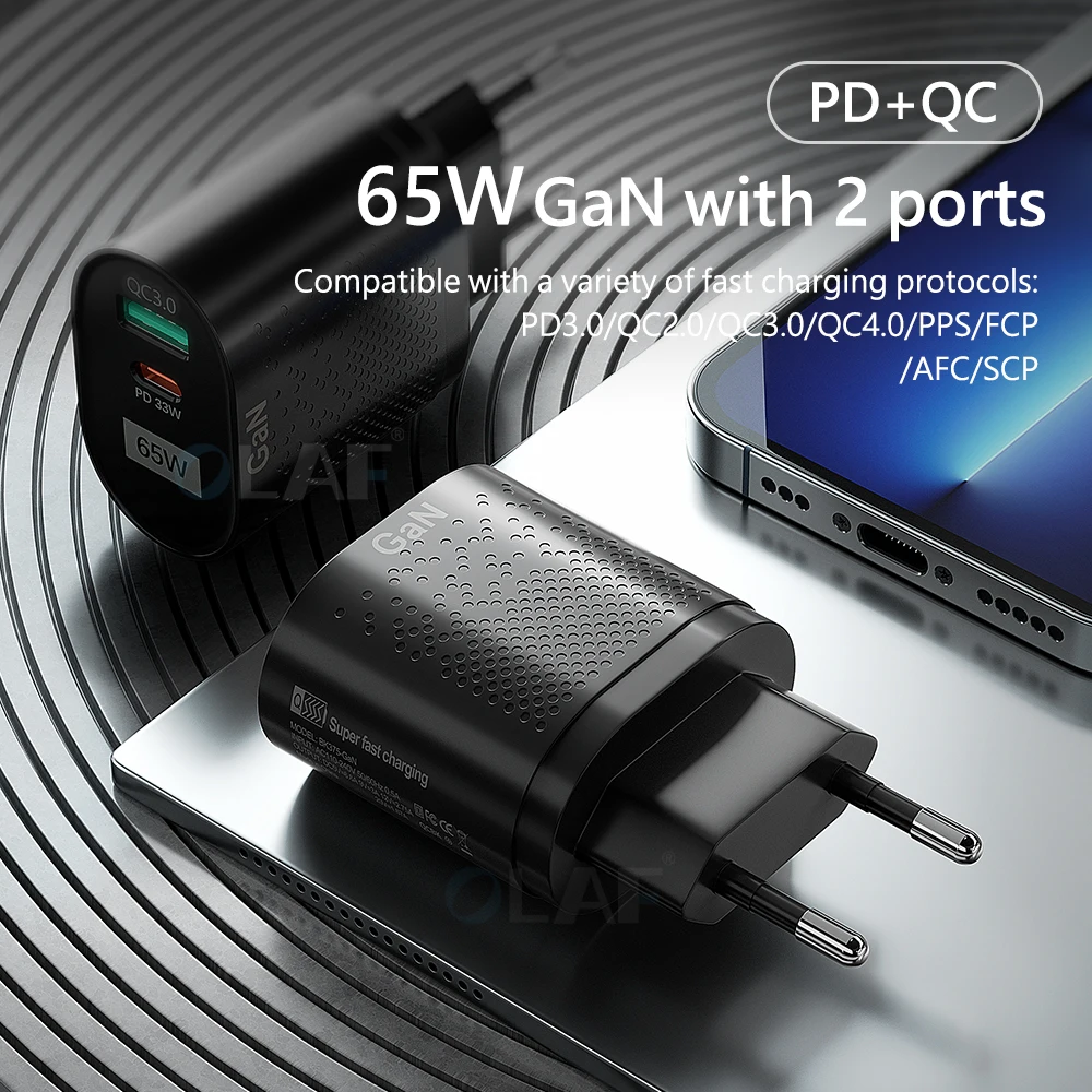 Olaf 65 Вт Gan Зарядное устройство USB Type C PD зарядное быстрое для iphone 12 13 Pro Samsung S21 Xiaomi QC 3
