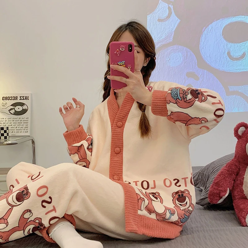 Women Winter Warm 2Pcs Suit Sweet Cute Bear Pyjamas Cardigan Cartoon Flannel Pajamas Set Home Coral Fleece Thicken Sleepwear