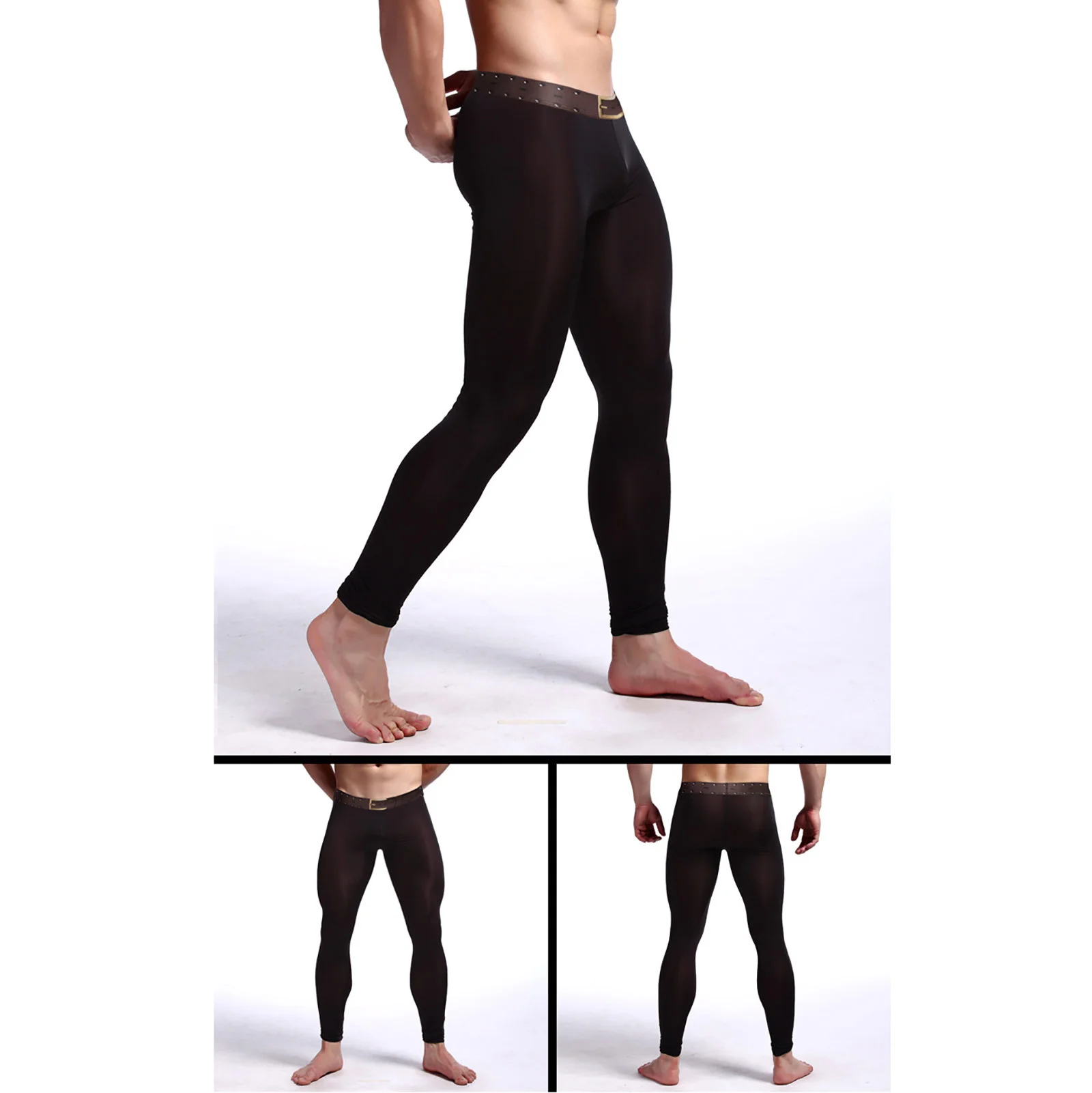 Sexy Mens See Through Ice Silk Ultra-thin Transparent Thermal Leggings Belt Print Tight Pants Underwear