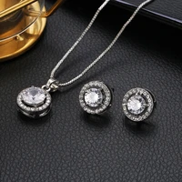 2022 new 2pcs pack trendy round crystal silver color jewelry set for wedding drop cz earring necklace pendant women gift
