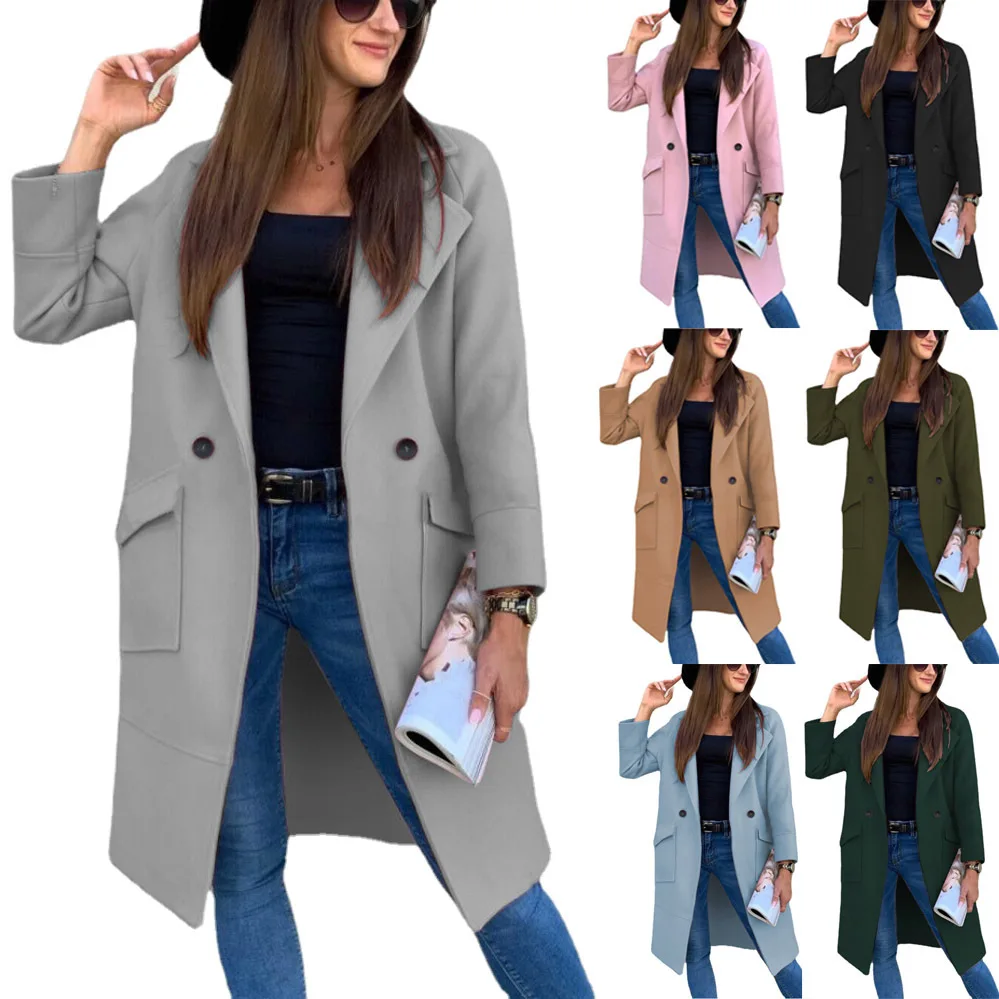 

Elegant Women Double Breasted Loose Woolen Coat Lapel Collar Long Sleeve Casual Solid Female Overcoat Autumn Winter Office Lady