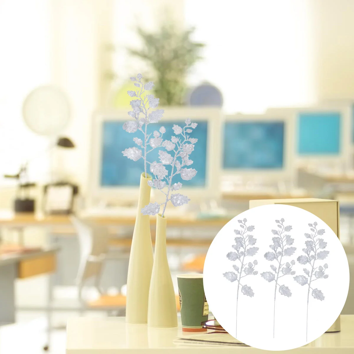

Christmas Glitter Leaves Leaf Stem Artificial Tree Branches Ornament Branch Simulated Pick Flower Fake Xmas Faux