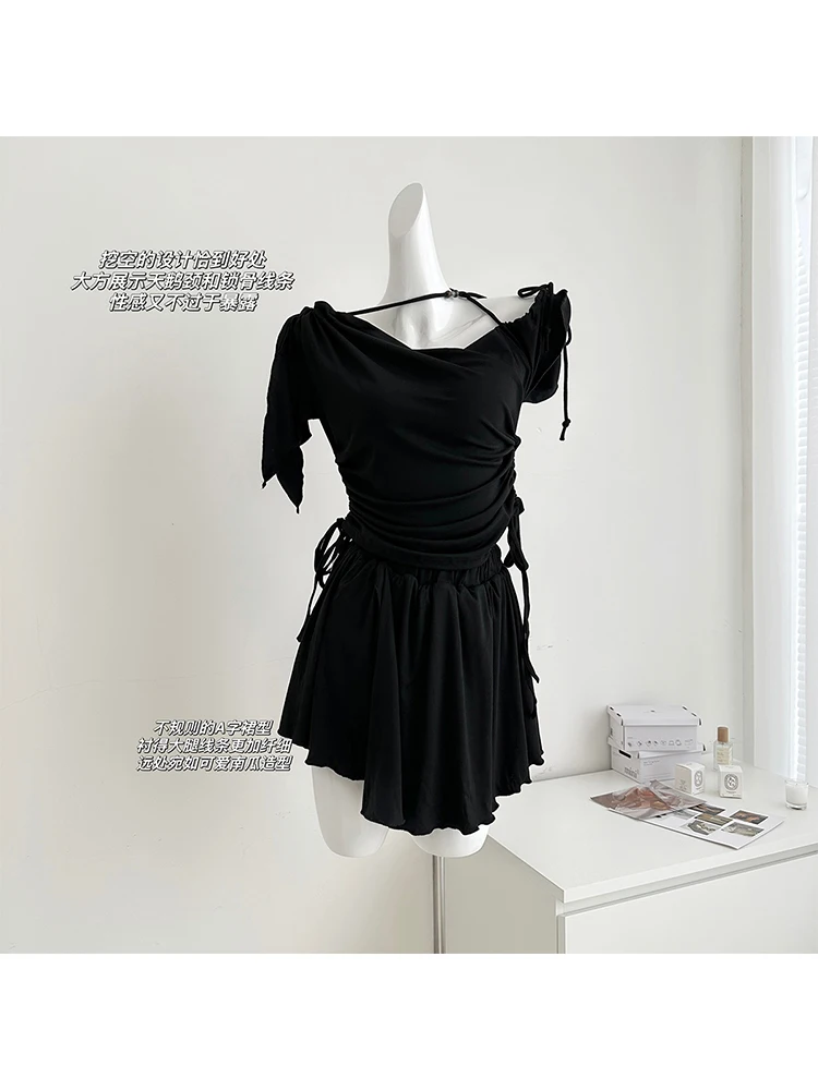 

Dark Gothic Drawstring Bodycon Women Y2k Outfits 2 Piece Skirt Set Slash Neck Black Sexy Crop Tops+ High Waist A-line Mini Skirt