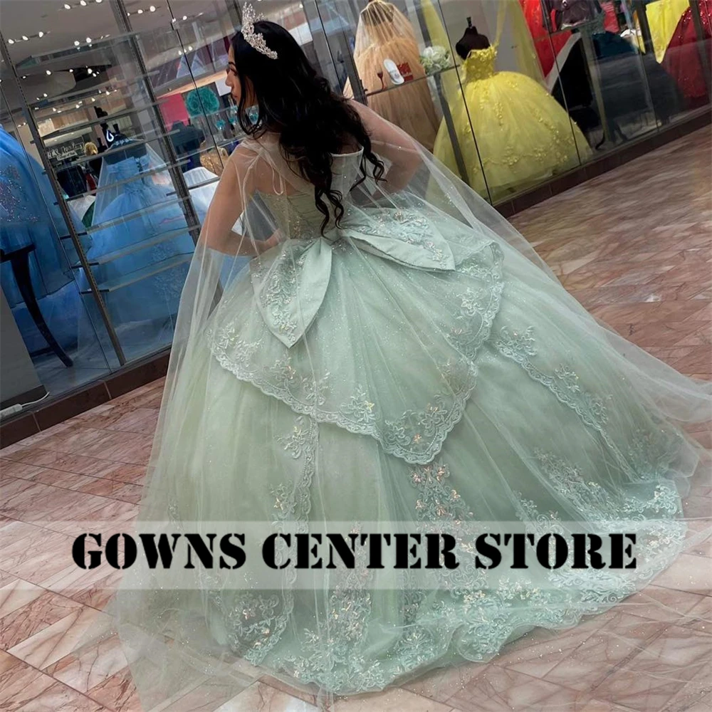 Женское зеленое платье Quinceanera 2024 с бантом вечерние платья блестящей аппликацией