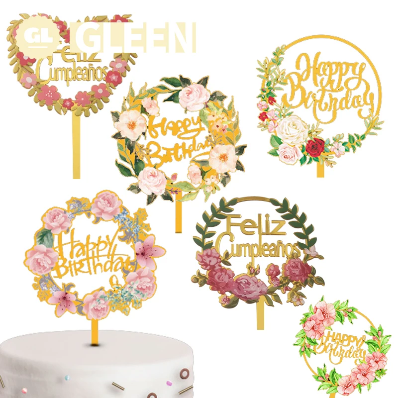 

1 Pcs Cake Topper Decoration Gold Spanish English Acrylic Floral Party Happy Birthday Wedding Baking Dessert Decoration